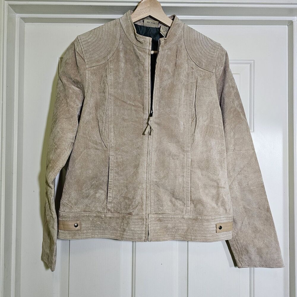 Ruff Hewn Genuine Suede Leather Moto Jacket Women’s Tan Full Zip Medium
